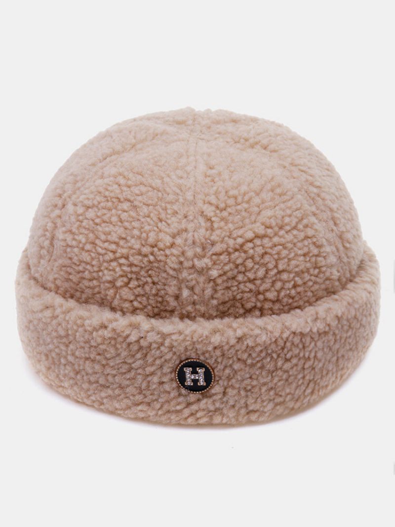 Unisex Lammeull Ensfarget Brev Rund Etikett All-match Varme Brimless Beanie Utleier Cap Skull Cap