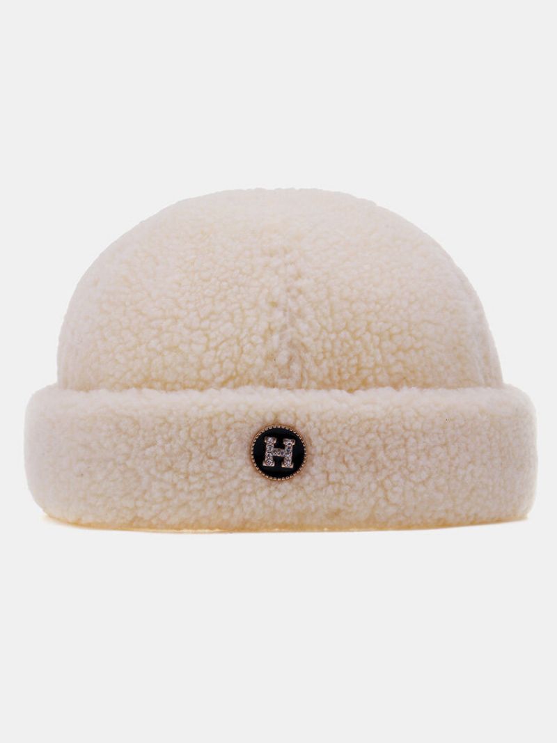 Unisex Lammeull Ensfarget Brev Rund Etikett All-match Varme Brimless Beanie Utleier Cap Skull Cap