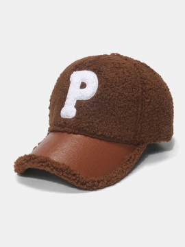 Unisex Lammeull Plysj Pu Patchwork Farge Kontrast P Bokstavlapp Høst Vinter Utendørs Varme Baseball Cap