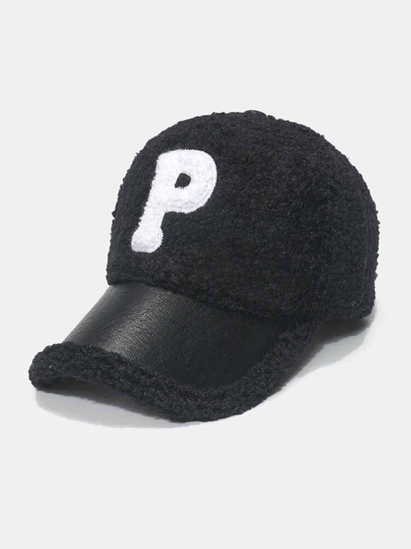 Unisex Lammeull Plysj Pu Patchwork Farge Kontrast P Bokstavlapp Høst Vinter Utendørs Varme Baseball Cap