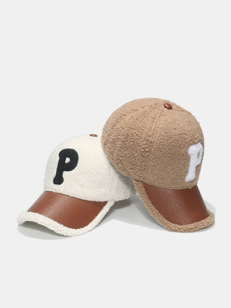 Unisex Lammeull Plysj Pu Patchwork Farge Kontrast P Bokstavlapp Høst Vinter Utendørs Varme Baseball Cap