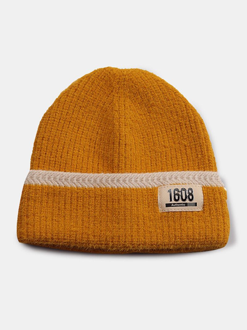 Unisex Mohair Strikket Stripete Jacquard Taller Lær Etikett Ørebeskyttelse Mote Varme Brimless Beanie Hat