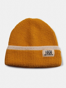 Unisex Mohair Strikket Stripete Jacquard Taller Lær Etikett Ørebeskyttelse Mote Varme Brimless Beanie Hat