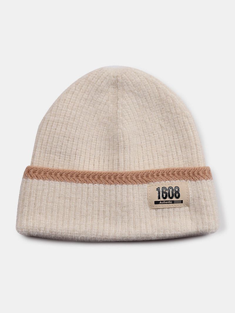 Unisex Mohair Strikket Stripete Jacquard Taller Lær Etikett Ørebeskyttelse Mote Varme Brimless Beanie Hat