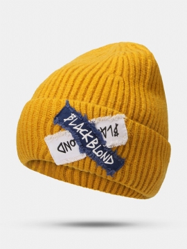 Unisex Strikket Ensfarge Letter Raw Edge Patch Flensing All-match Warm Beanie Hat