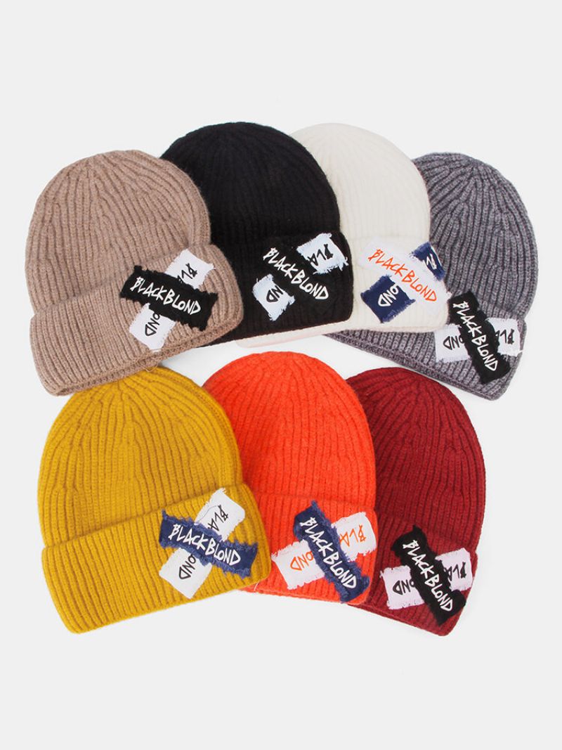 Unisex Strikket Ensfarge Letter Raw Edge Patch Flensing All-match Warm Beanie Hat