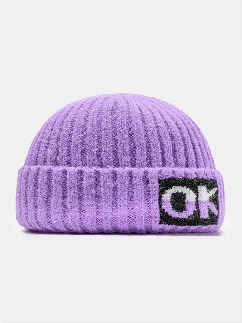 Unisex Strikket Ensfarget Bokstav Jacquard Skyllefri Flensing Utendørs Varme Bummeløs Lue Utleier Cap Hodeskalle