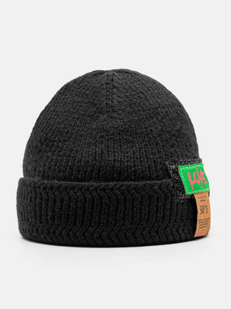 Unisex Strikket Ensfarget Jacquard Brevetikett Flensing All-match Warmth Brimless Beanie Hat