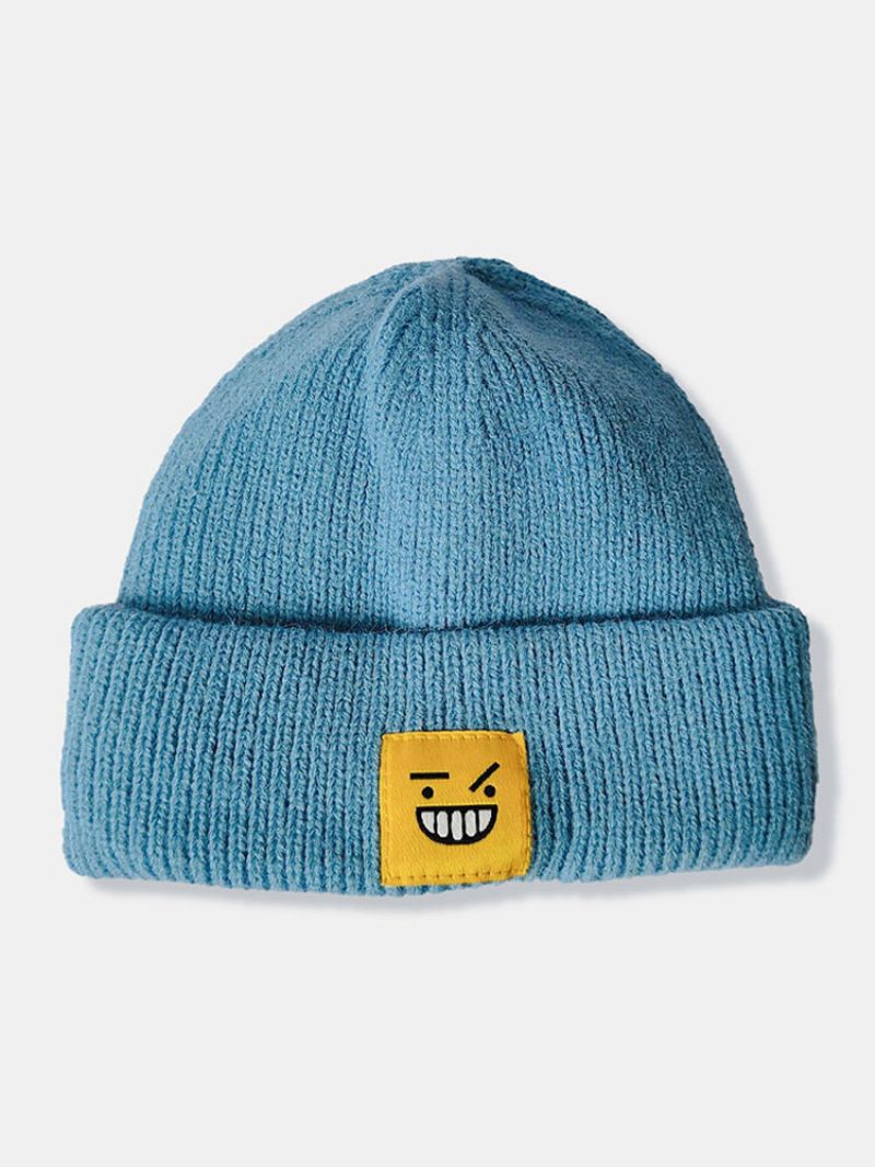 Unisex Strikket Ensfarget Tegneserie Morsomt Smil Ansiktsmønster Patch Mote Varme Brimless Beanie Hat