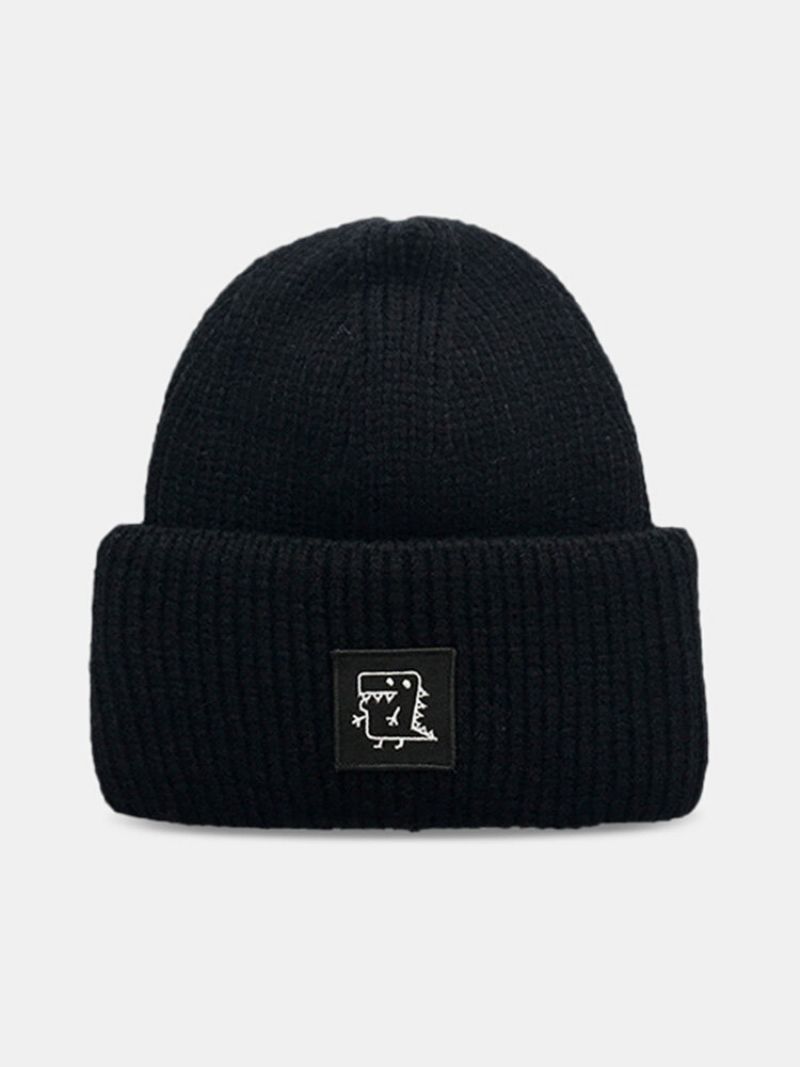 Unisex Strikket Ensfarget Tegneseriedinosaurmønsterlapp All Match Warm Brimless Beanie Hat