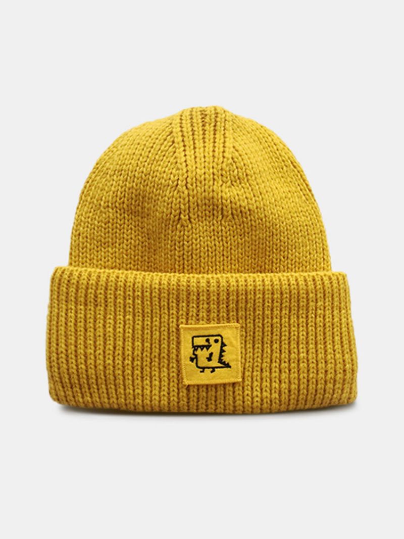 Unisex Strikket Ensfarget Tegneseriedinosaurmønsterlapp All Match Warm Brimless Beanie Hat