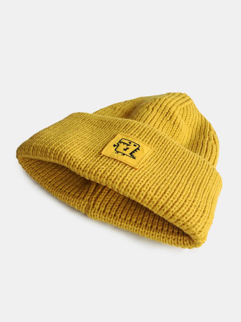 Unisex Strikket Ensfarget Tegneseriedinosaurmønsterlapp All Match Warm Brimless Beanie Hat