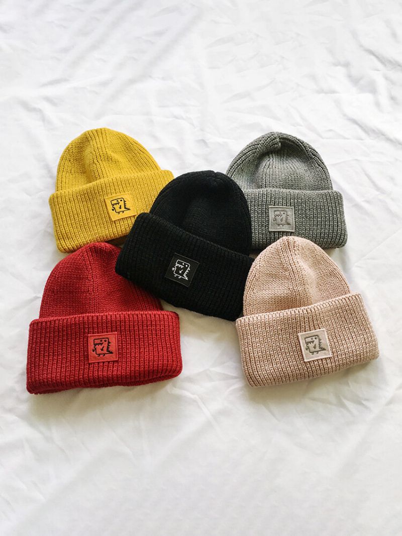 Unisex Strikket Ensfarget Tegneseriedinosaurmønsterlapp All Match Warm Brimless Beanie Hat