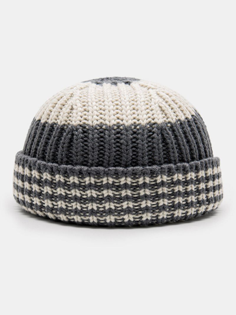 Unisex Strikket Farge Kontraststripete All-match Varme Ørebeskyttelse Brimless Beanie Landlord Cap Skull Cap