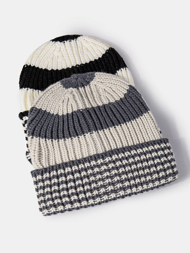 Unisex Strikket Farge Kontraststripete All-match Varme Ørebeskyttelse Brimless Beanie Landlord Cap Skull Cap