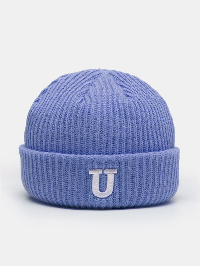 Unisex Strikket Fortykket Farge Kontrast Brevbroderi Ørebeskyttelse Varme Mote Brimless Beanie Hat