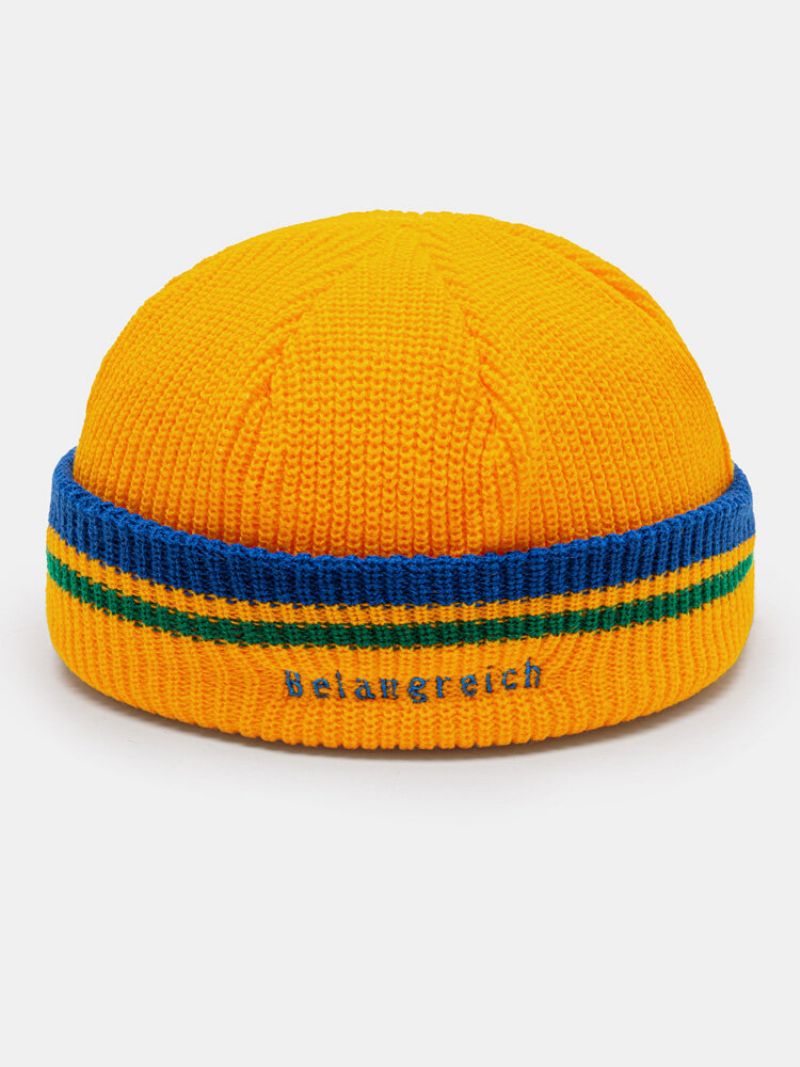 Unisex Strikket Jacquard Fargematchende Stripete Brevbroderi Varme Brimless Beanie Landlord Cap Skull Cap