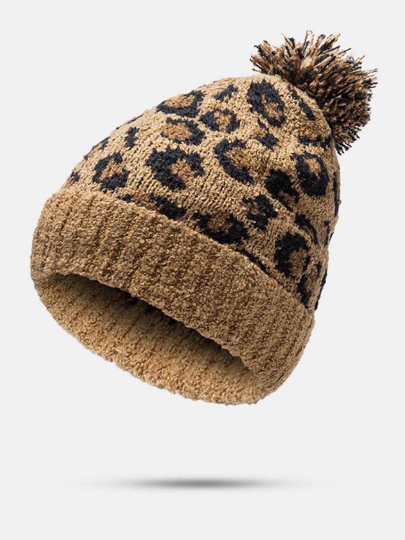 Unisex Strikket Leopardmønster Pelsball Dekorasjon Flensing Uformell Varme Lue Lue