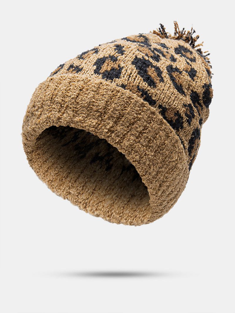 Unisex Strikket Leopardmønster Pelsball Dekorasjon Flensing Uformell Varme Lue Lue