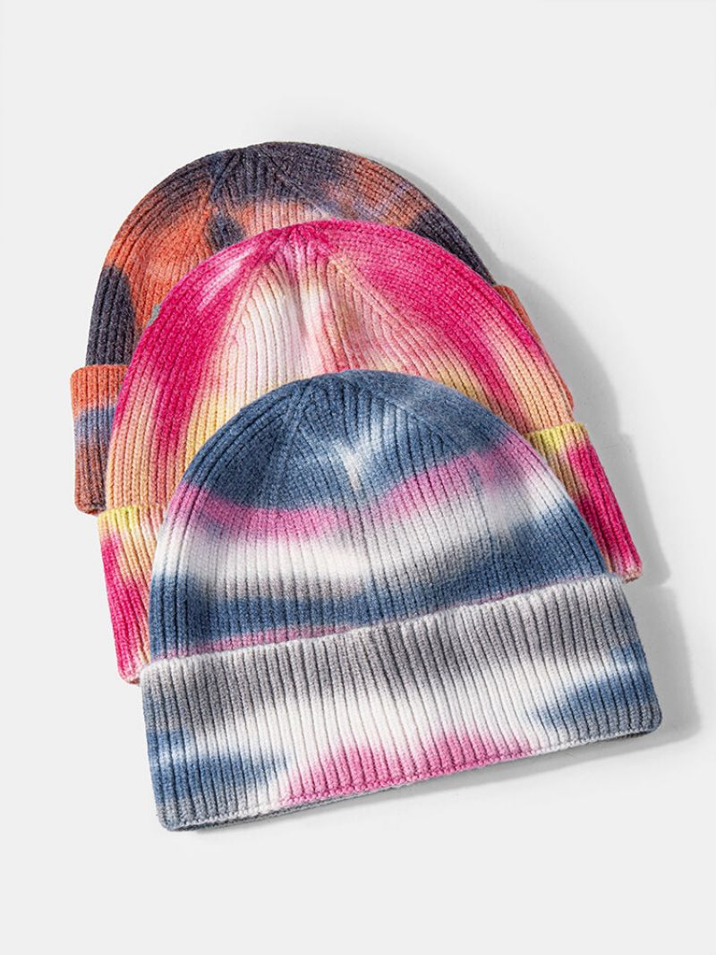 Unisex Strikket Tie-dye Blandet Farge Jacquard Outdoor Warmth Brimless Beanie Landlord Cap Skull Cap