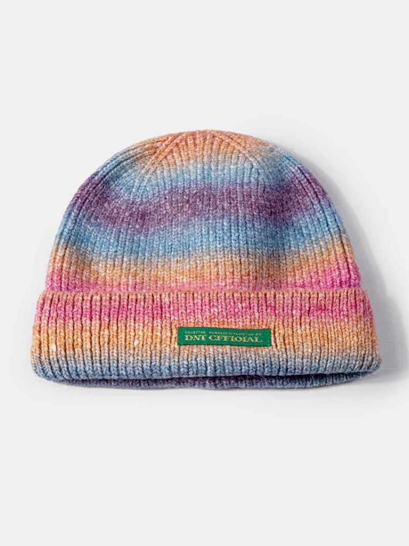 Unisex Strikket Tie-dye Gradient Farge Bokstaver Stoffetikett All-match Varme Brimless Beanie Utleier Cap Skull Cap