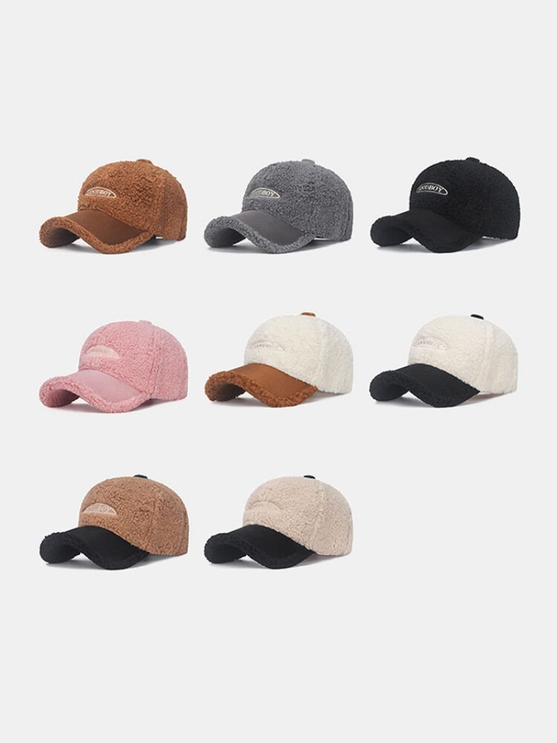 Unisex Teddy Velvet Semsket Skinn Farge Kontrast Patchwork Brevmønster Etikettbroderi All-match Varme Baseball Cap