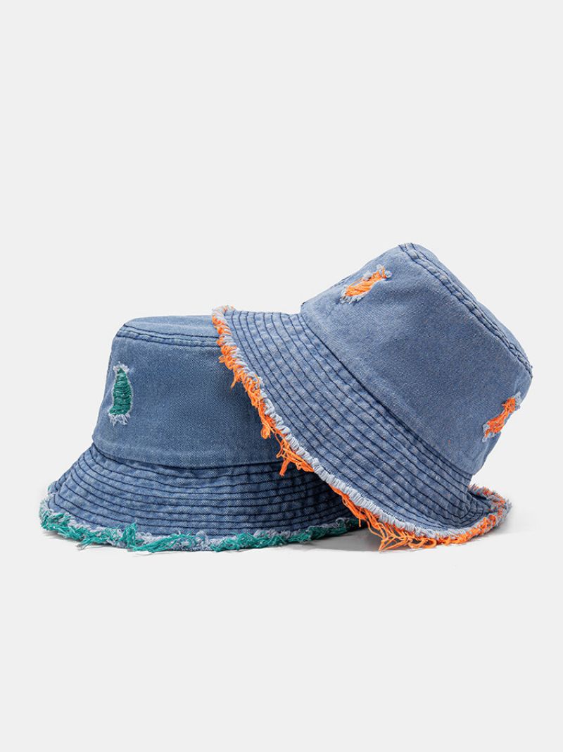 Unisex Vasket Denim Solid Fargerikt Brutt Hull Grov Kant All-match Solkrem Bøttehatt