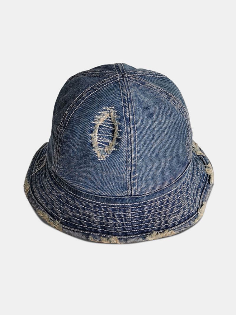 Unisex Vasket Distressed Denim Råkantede Skadede Suturer All-match Solkrem Bøttehatt