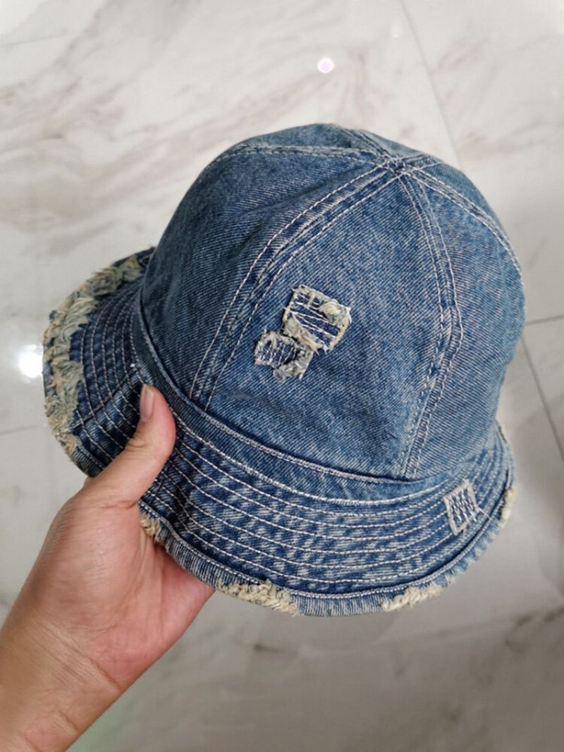 Unisex Vasket Distressed Denim Råkantede Skadede Suturer All-match Solkrem Bøttehatt