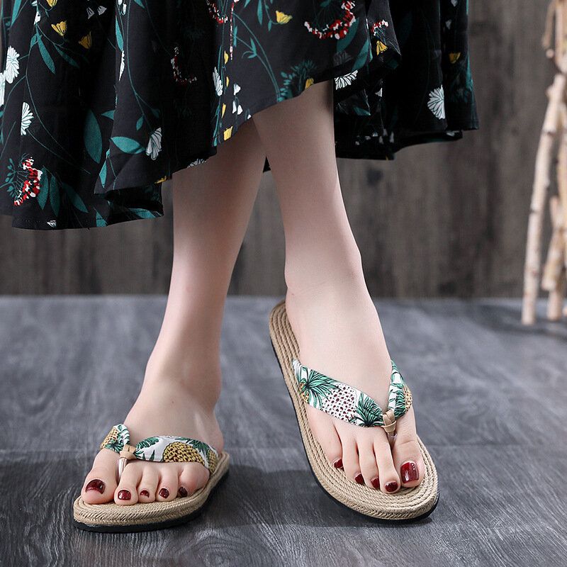 Womens Clip Toe Floral Massasjesåler Beach Flats Tøfler