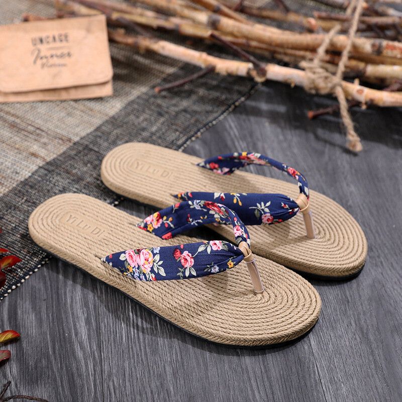 Womens Clip Toe Floral Massasjesåler Beach Flats Tøfler