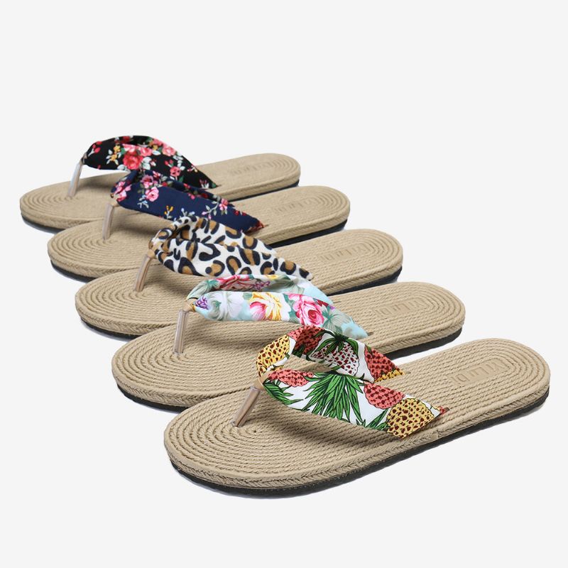 Womens Clip Toe Floral Massasjesåler Beach Flats Tøfler