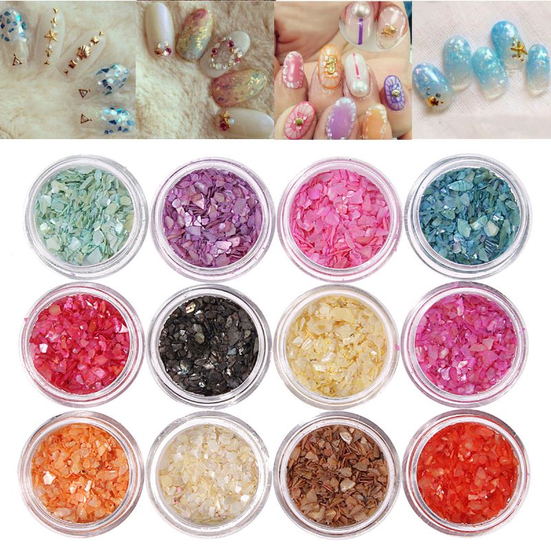 12 Farger Nail Art Glitter Knust Shell Chips Pulver Støvtips Diy Dekorasjonssett