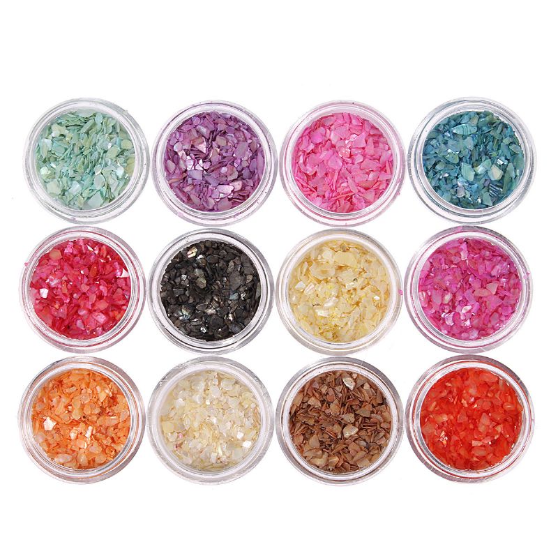 12 Farger Nail Art Glitter Knust Shell Chips Pulver Støvtips Diy Dekorasjonssett