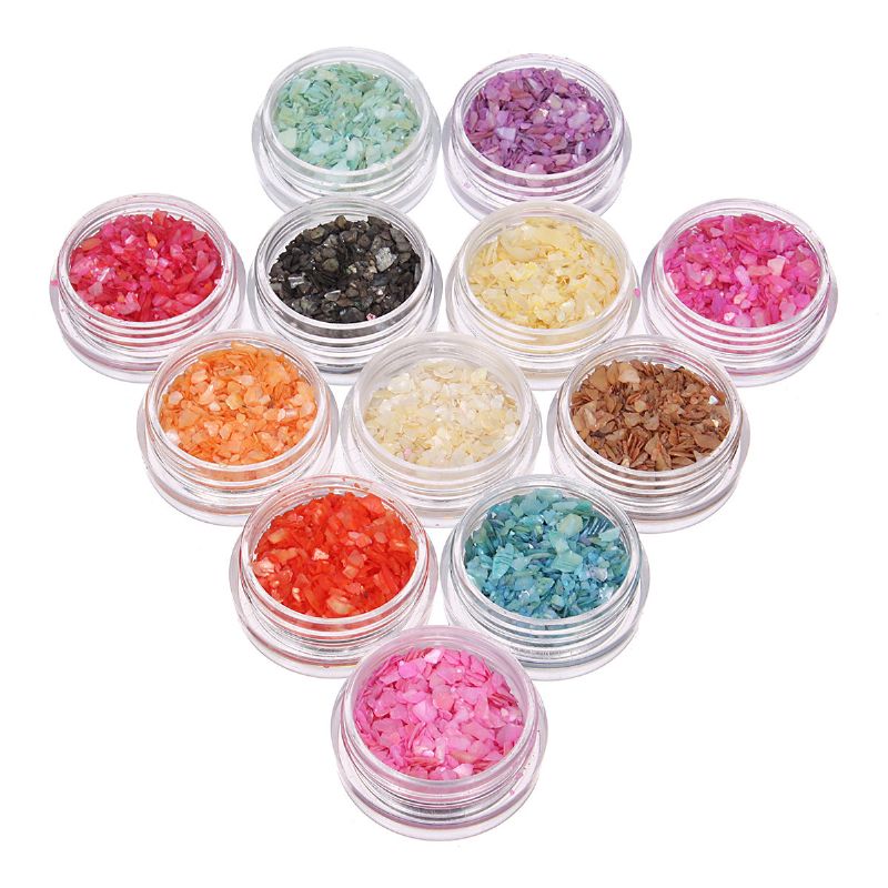 12 Farger Nail Art Glitter Knust Shell Chips Pulver Støvtips Diy Dekorasjonssett