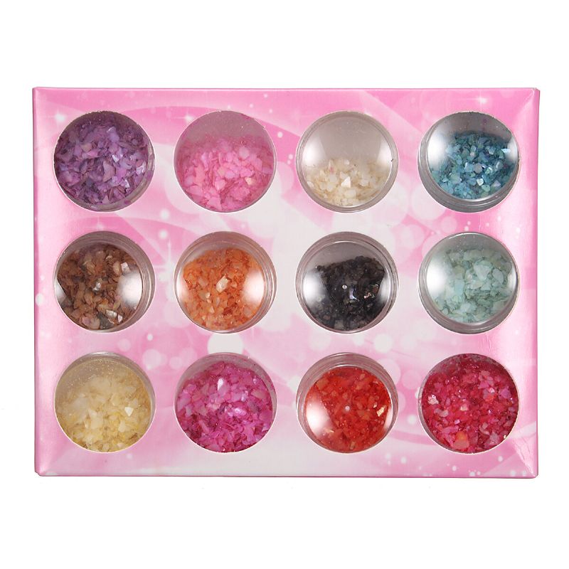 12 Farger Nail Art Glitter Knust Shell Chips Pulver Støvtips Diy Dekorasjonssett