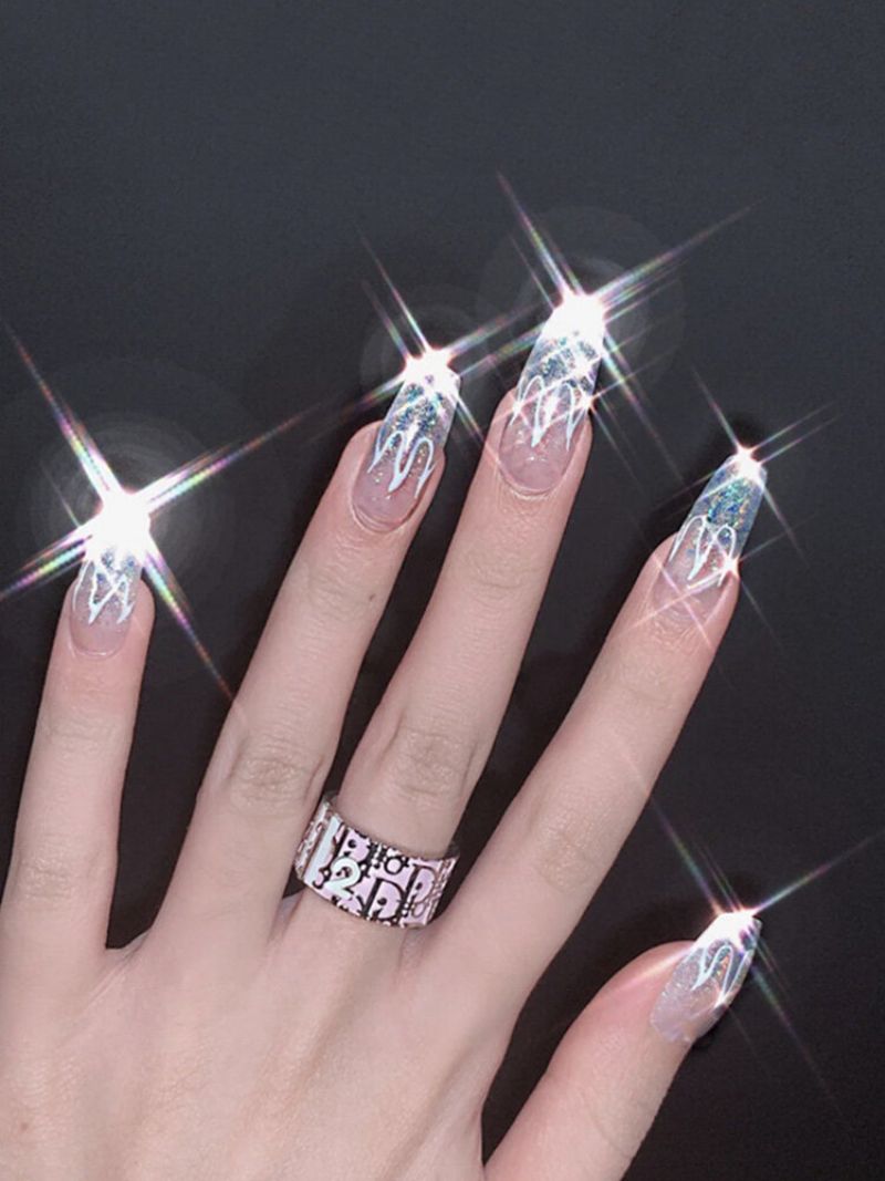 24 Stk/boks Laser Silver Flame Fake Nails Bit Bærbare Kunstige Ferdige Negler