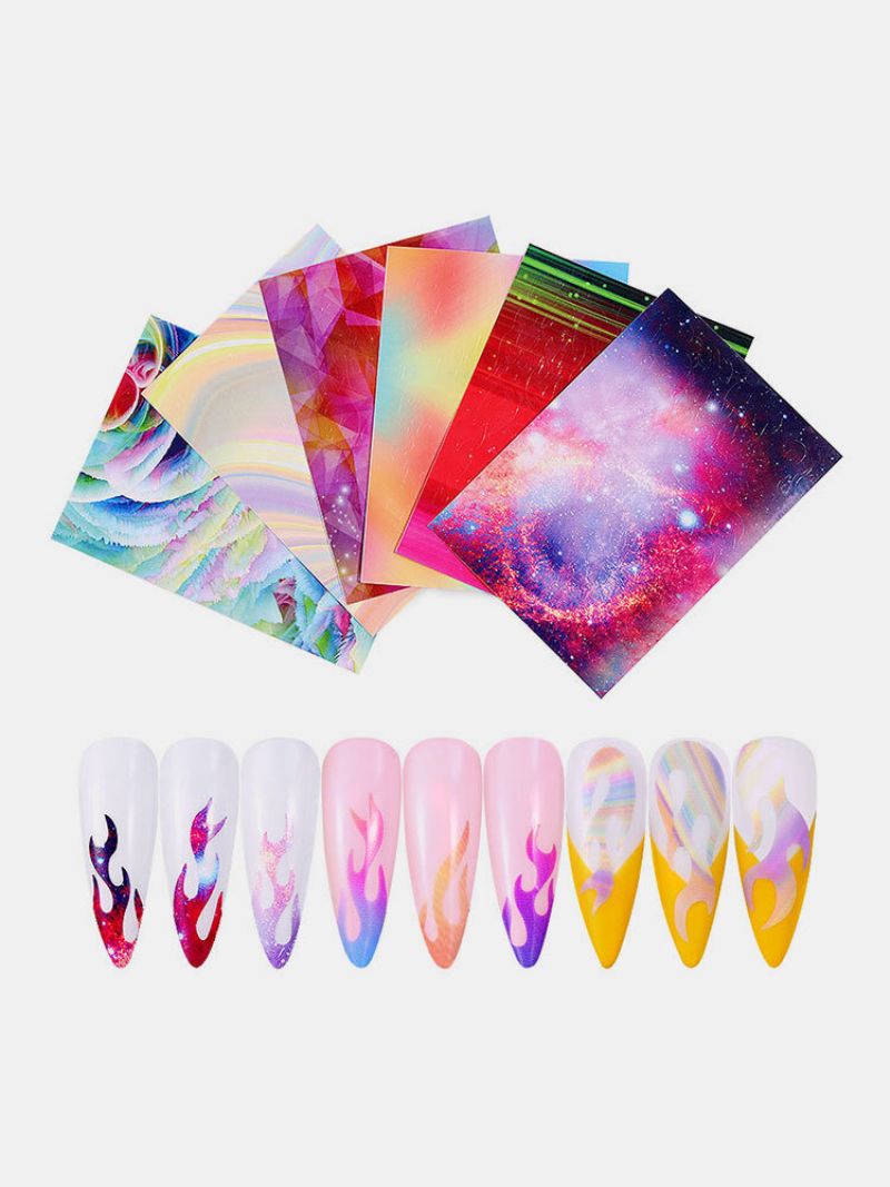 6 Farger/sett Fargerikt Negleklistremerke Laser Blendende Flamme Nail Art Transfer Selvklebende Dekaler Papir