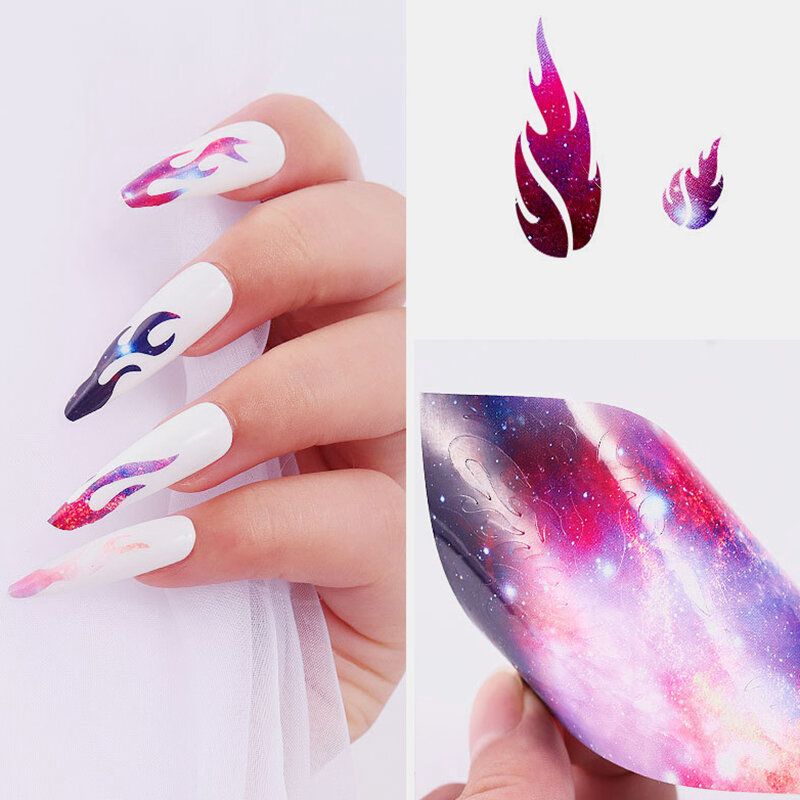 6 Farger/sett Fargerikt Negleklistremerke Laser Blendende Flamme Nail Art Transfer Selvklebende Dekaler Papir