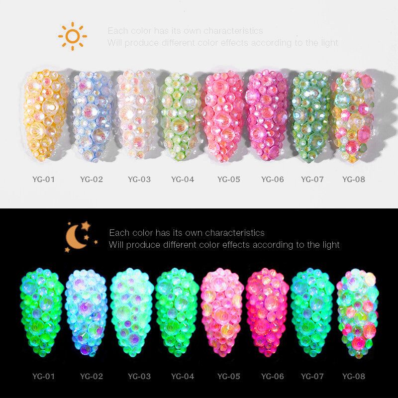 8 Farger Lysende Krystall Blandet Størrelse Nail Art Rhinestone Dekorasjoner 3d Manikyr Glitter Diamond Jewelly