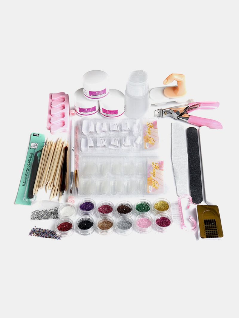 Akrylpulver Glitter Nail Art Tools Kit Neglebørste Falske Fingerpumpesett