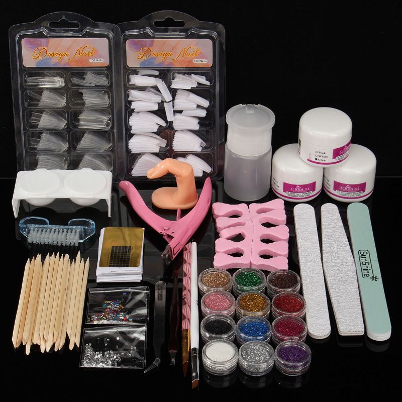 Akrylpulver Glitter Nail Art Tools Kit Neglebørste Falske Fingerpumpesett