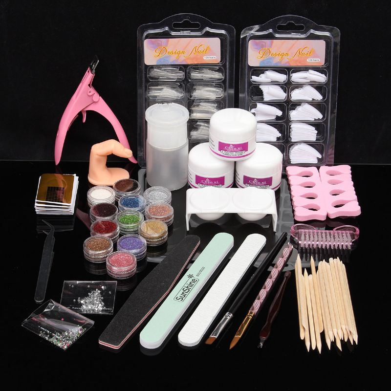 Akrylpulver Glitter Nail Art Tools Kit Neglebørste Falske Fingerpumpesett