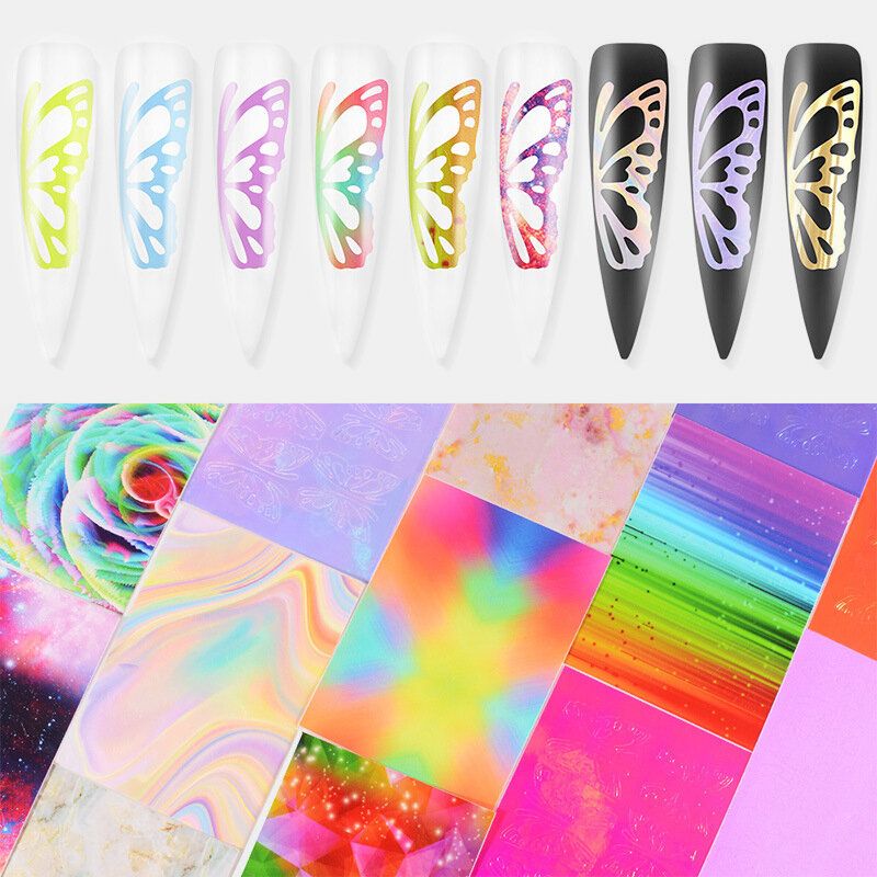 Fluorescerende Sommerfugldesigner Nail Art Stickers Vannmerke Diy Fargerike Negleklistremerker Manikyrverktøy