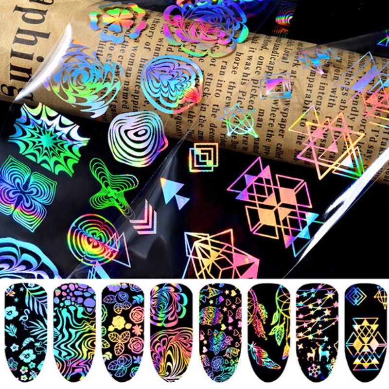 Holografisk Laser Nail Foil Xmas Geometrisk Rose Flower Sliver Star Nails Art Transfer Sticker