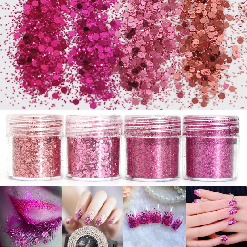 Rose Rød Skinnende Blandet Glitter Pulver Paljetter Negledekorasjon Støv Havfrueeffekt