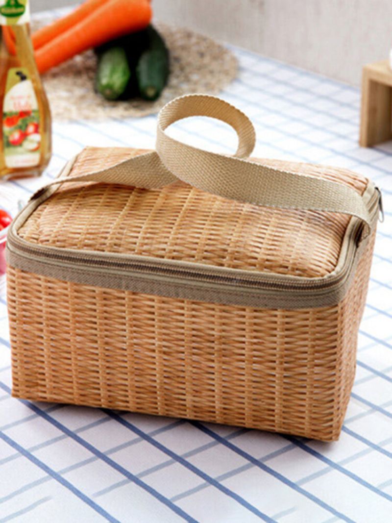 Imitert Rattan Brazier Bag Fortykning Lunsj Tote Bag Cooler Isolert Håndveske Reise Picnic Bag