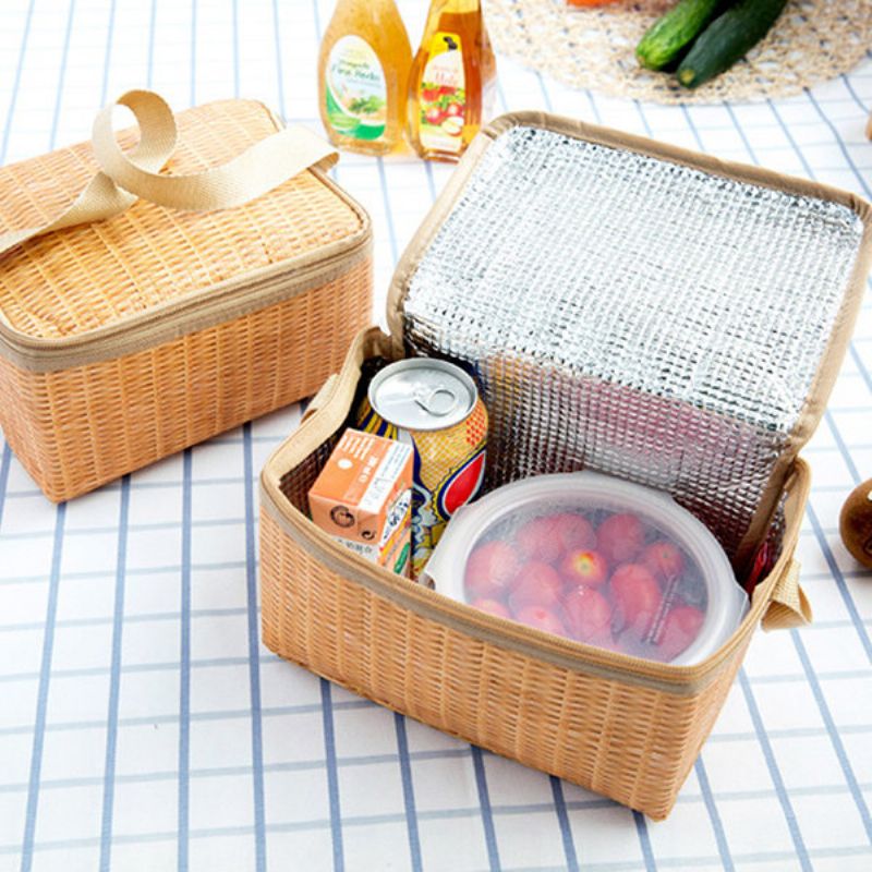 Imitert Rattan Brazier Bag Fortykning Lunsj Tote Bag Cooler Isolert Håndveske Reise Picnic Bag