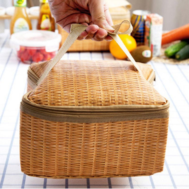 Imitert Rattan Brazier Bag Fortykning Lunsj Tote Bag Cooler Isolert Håndveske Reise Picnic Bag