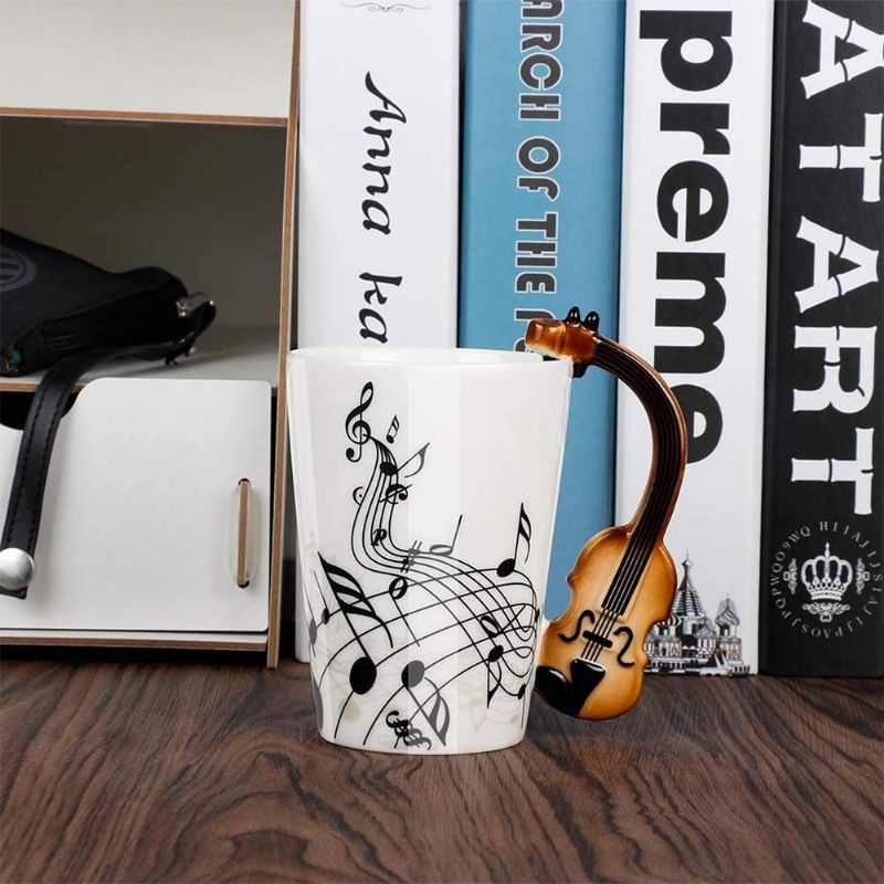 Novelty Kaffekrus Med Unikt Gitarhåndtak Fantastisk Porselens Tekopp Med Musikkinstrumentnoter - 10.2 Oz